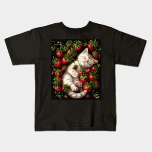 Whimsical Cat Strawberry Kids T-Shirt